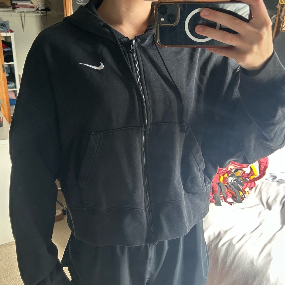Nike Crop Black Full Zip Hoodie with White Logo